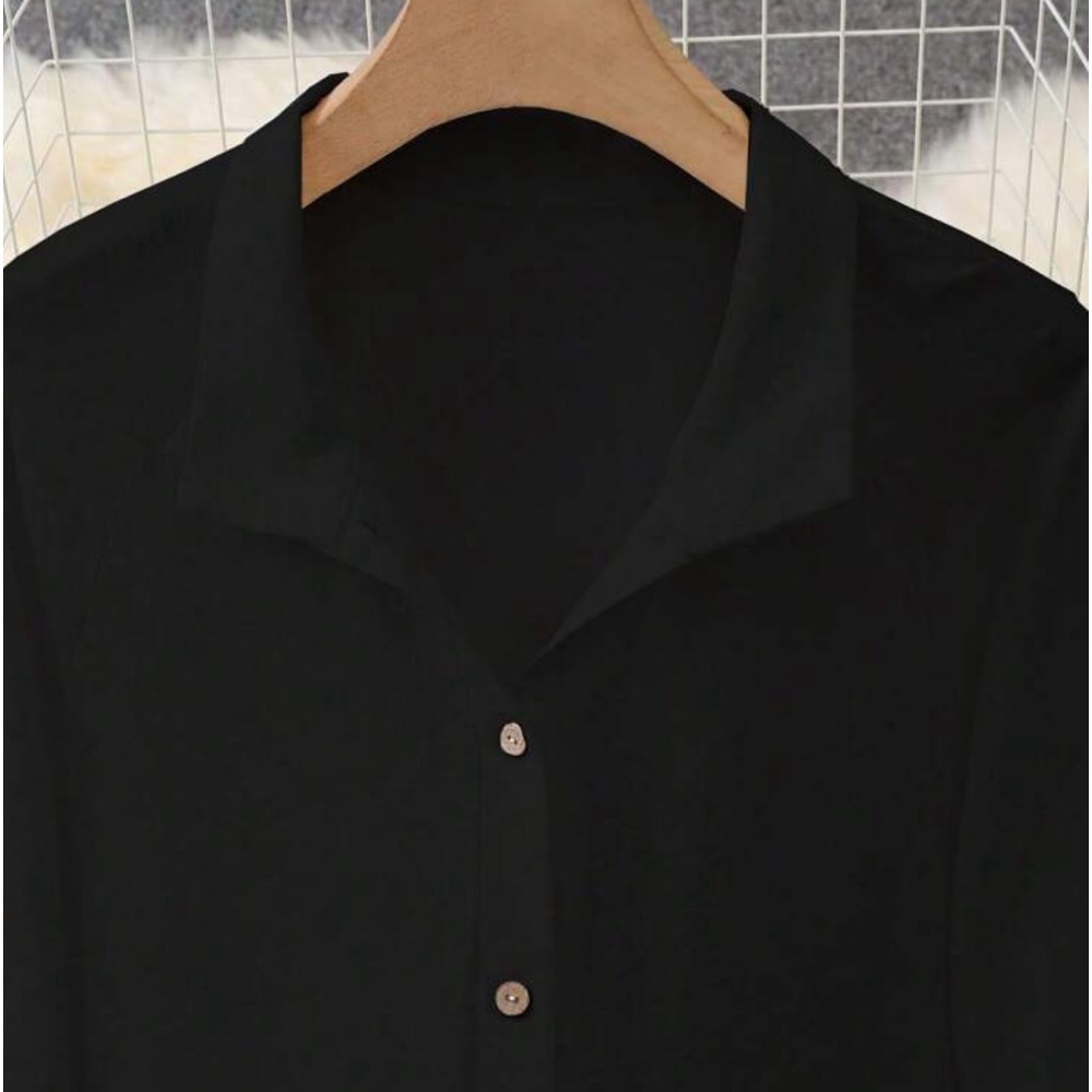 Plus Size Classic Elegant Roll Up Button Down Shirt Dress Black - Picture 3 of 9